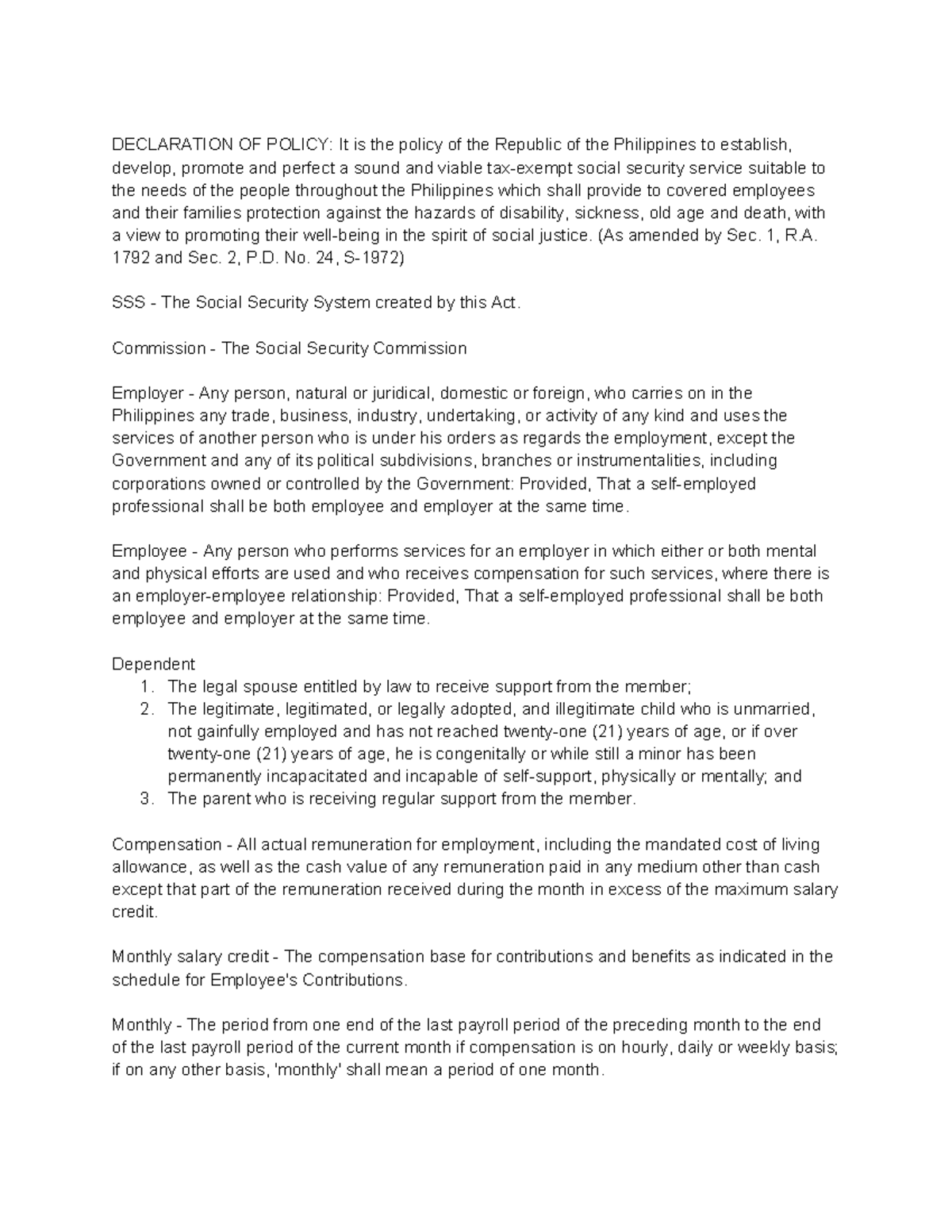 Social Security Laws - SSL: Declaration of Policy and Provisions - Studocu