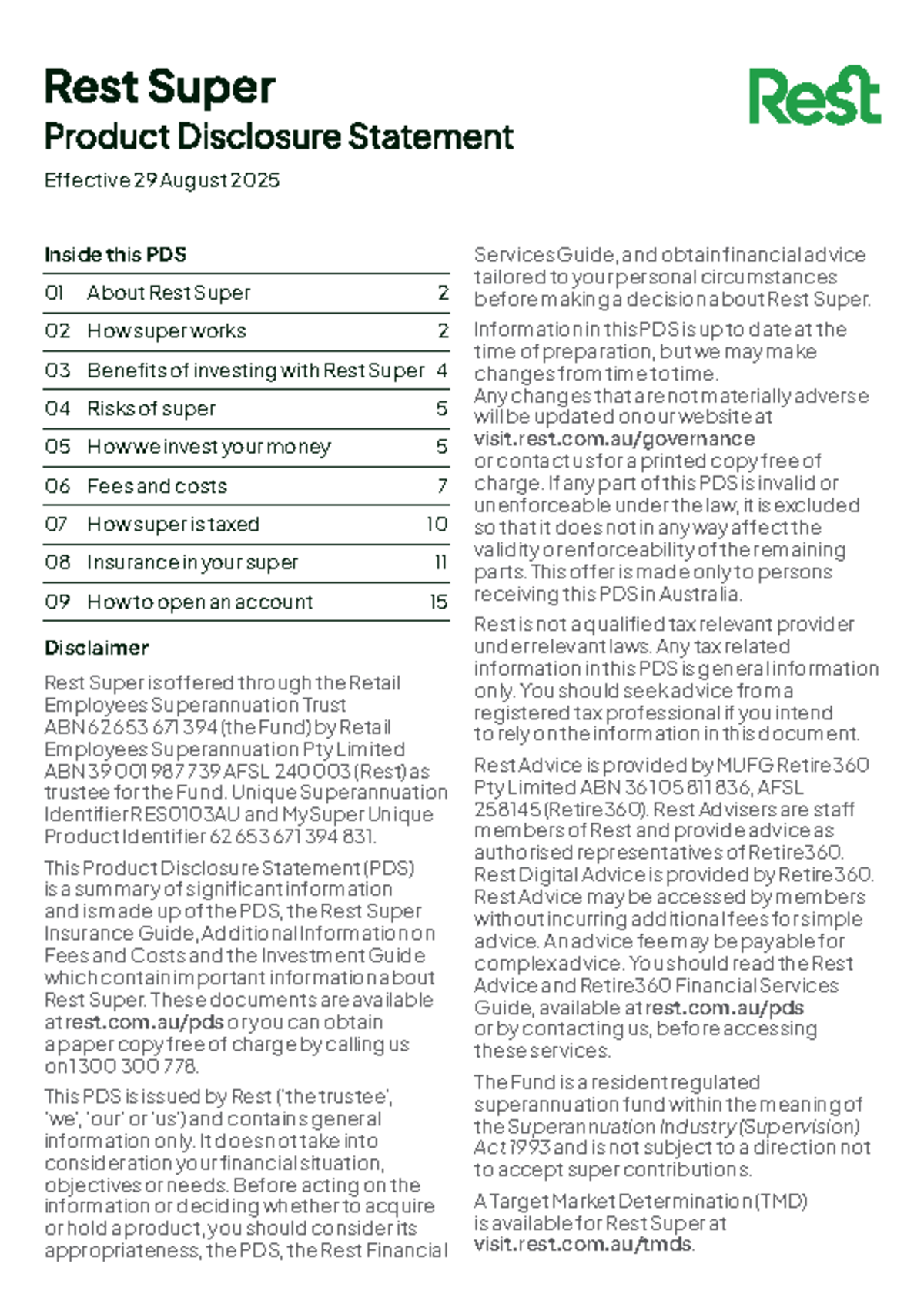 Rest Super Product Disclosure Statement (PDS) - Key Information and ...