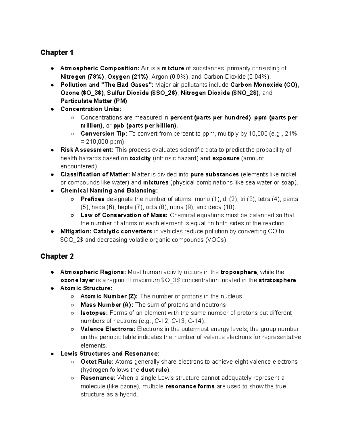 CCHY599 Chapter 1 & 2 Summary Notes on Atmospheric Chemistry - Studocu