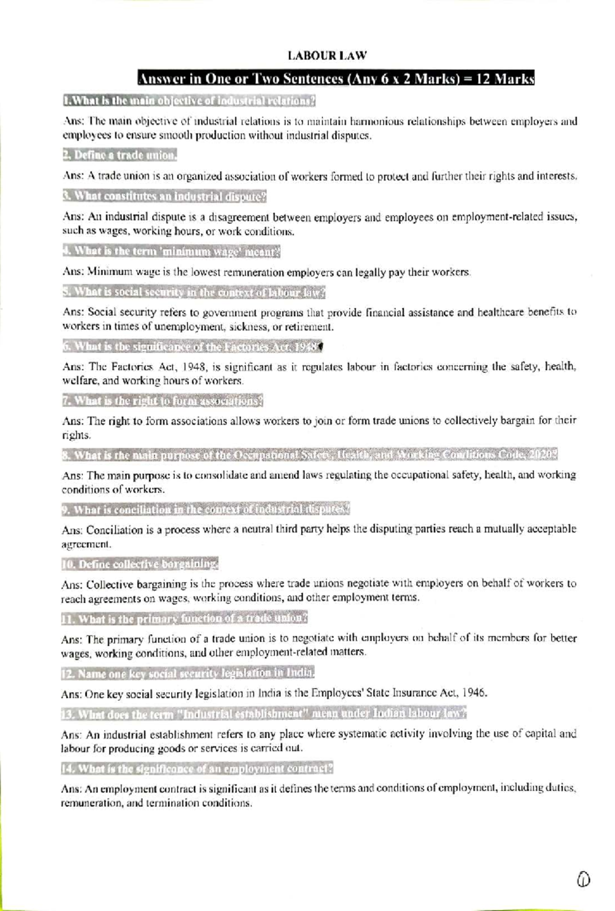 Labour Law - 1 - Sunil - Key Concepts and Short Answers - Studocu