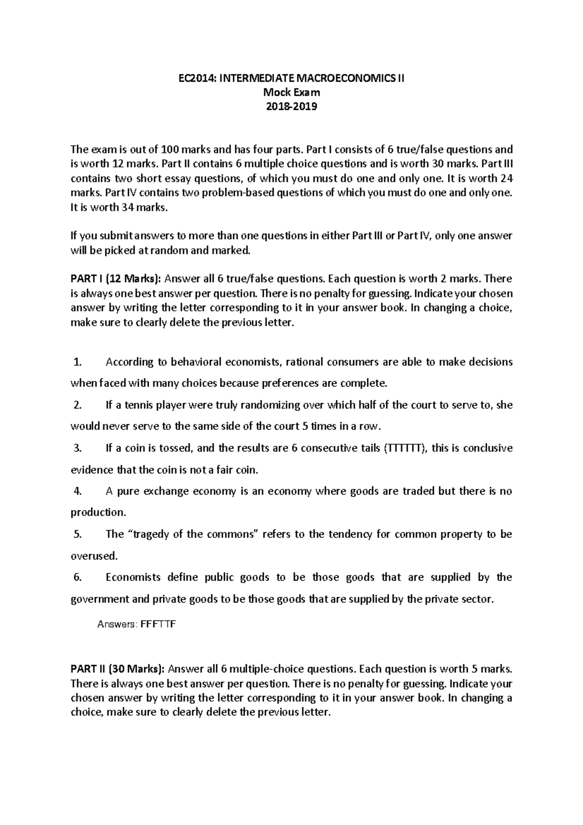 EC2014: Intermediate Macroeconomics II Mock Exam Q&A (2018-2019) - Studocu