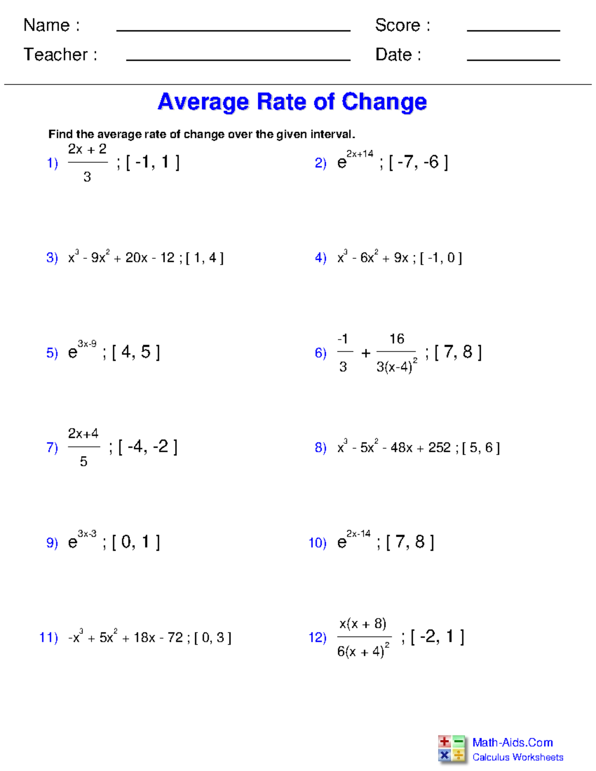 Calc diff Rule avg Rate 9 - Find the average rate of change over the ...