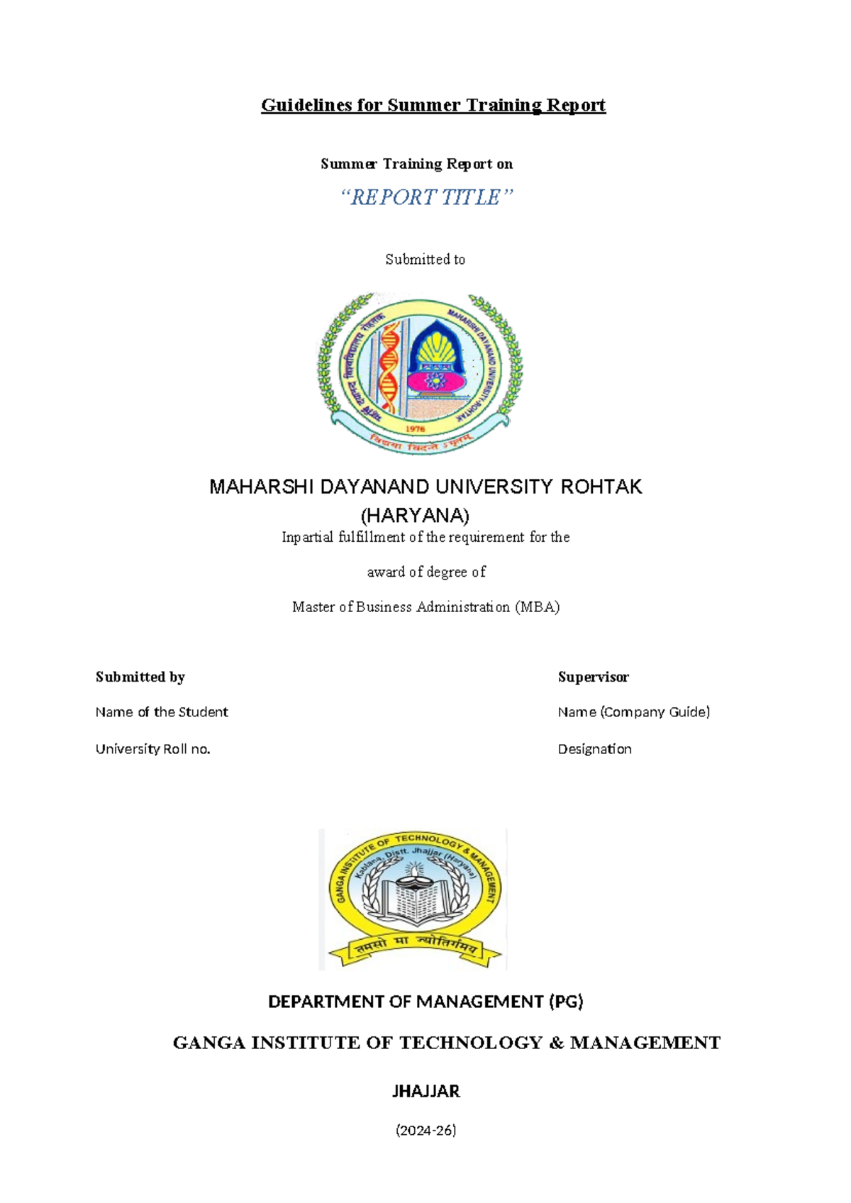 Guidelines for Summer Internship Report (MBA 2024-26) - Studocu