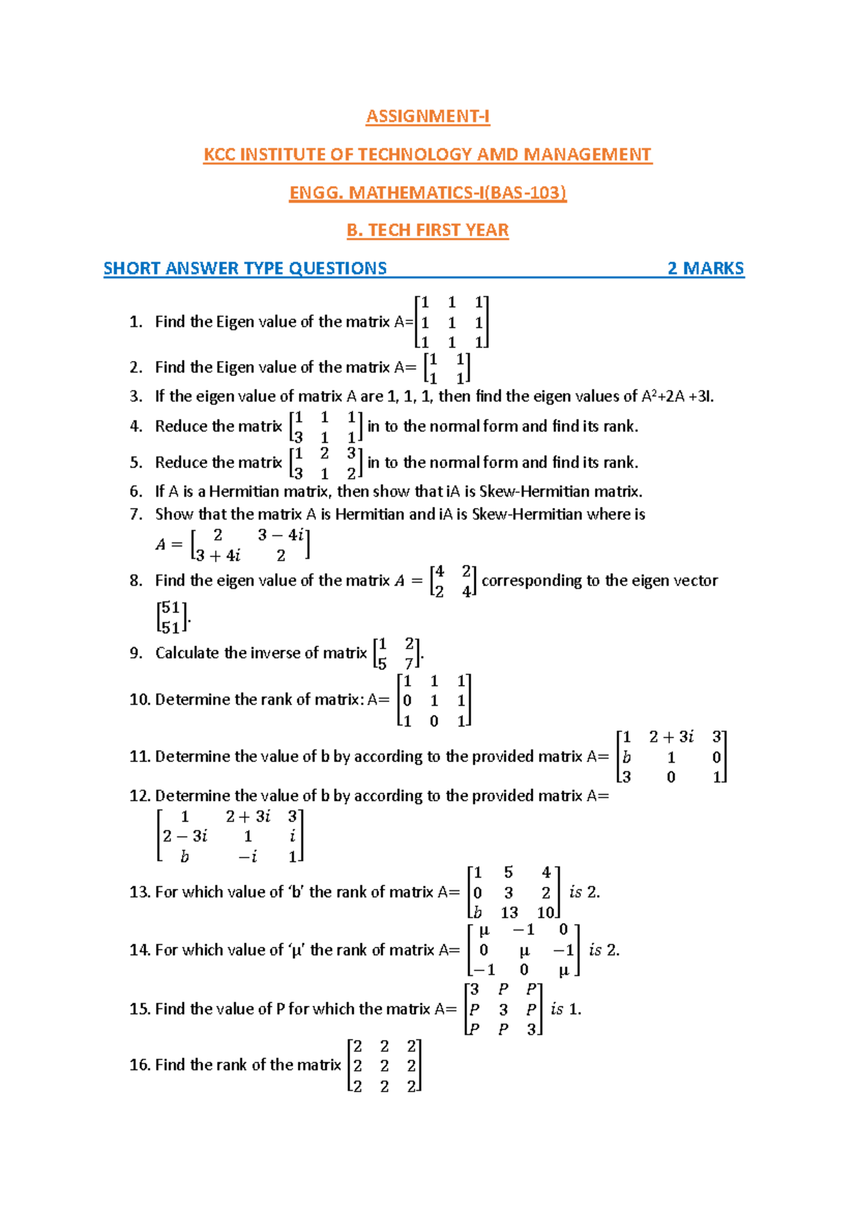 KCC B. TECH 1st Year Matrix Assignment: Short & Long Answer Qs - Studocu