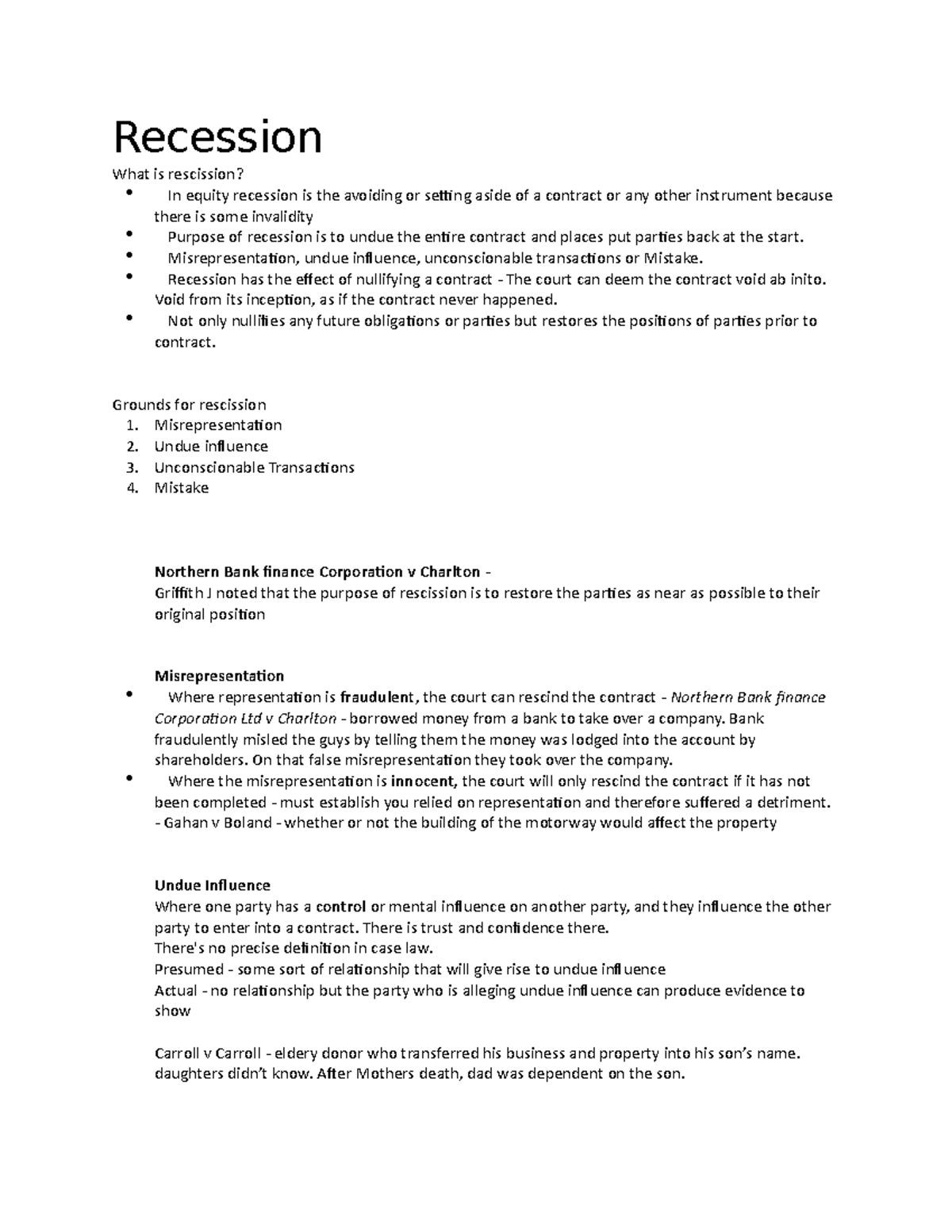 Rescission Class notes - Recession What is rescission? In equity ...