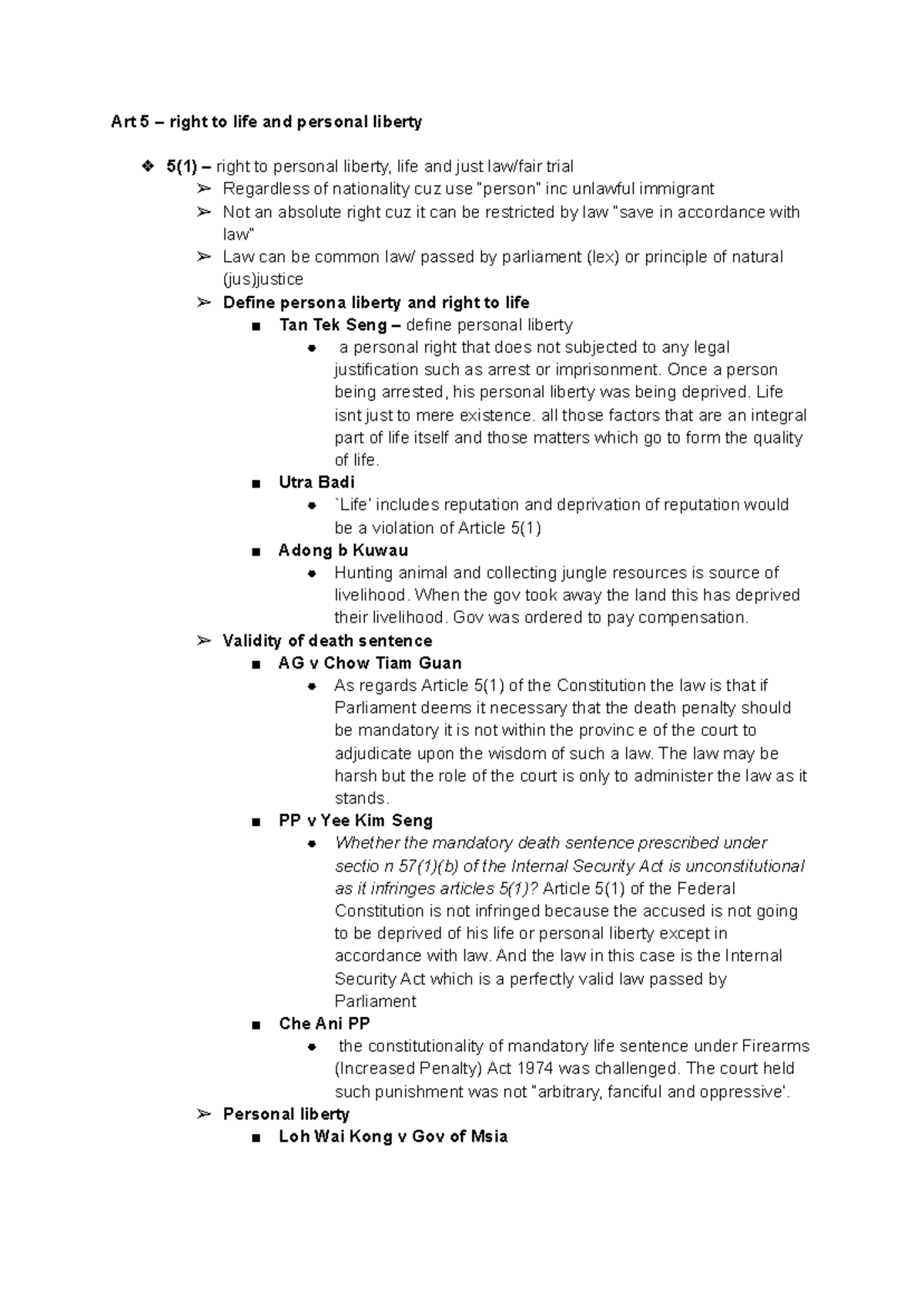 Constitutional Law II: Right to Life and Personal Liberty Analysis ...