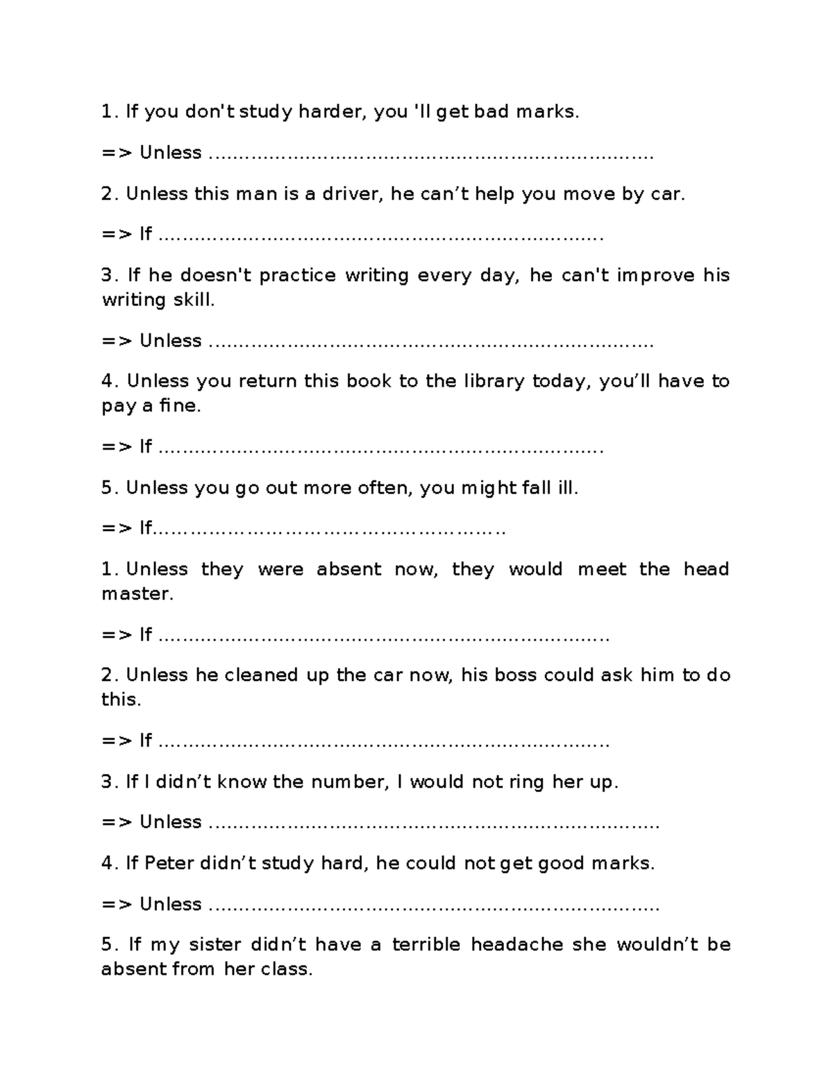 Tiếng Anh - Unless and If Statement Practice Exercises - Studocu