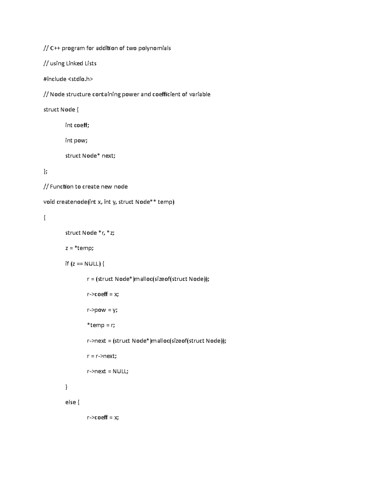 C++ Polyadd Program Using Linked Lists: Implementation Notes - Studocu