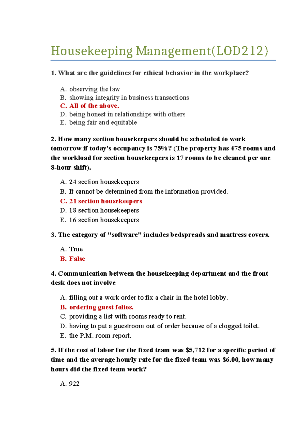 Housekeeping Management Guidelines and Operations (LOD212) - Studocu