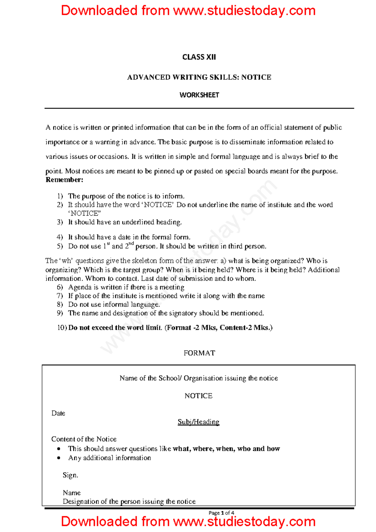 CBSE Class 12 English Adv Writing Skills: Notice Worksheet Guide - Studocu