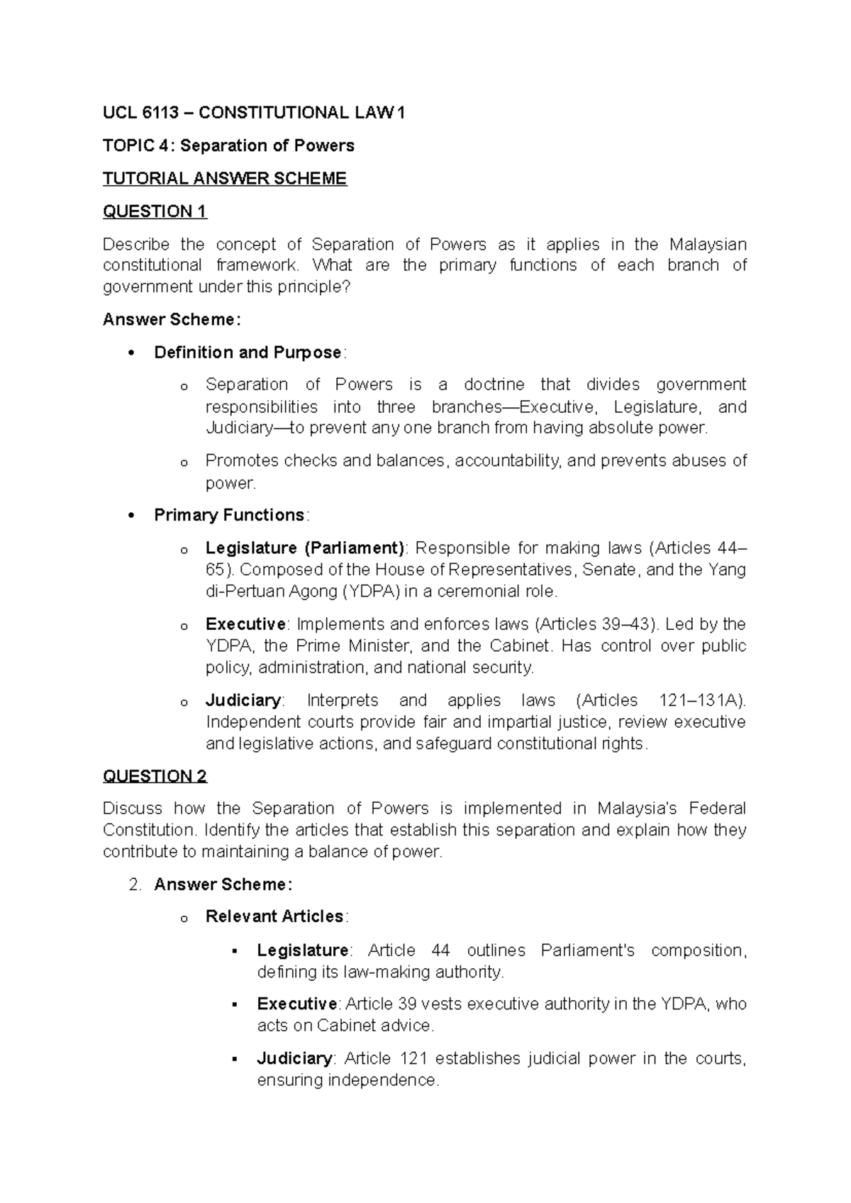 UCL 6113 Tutorial Answers: Separation of Powers in Malaysia's ...