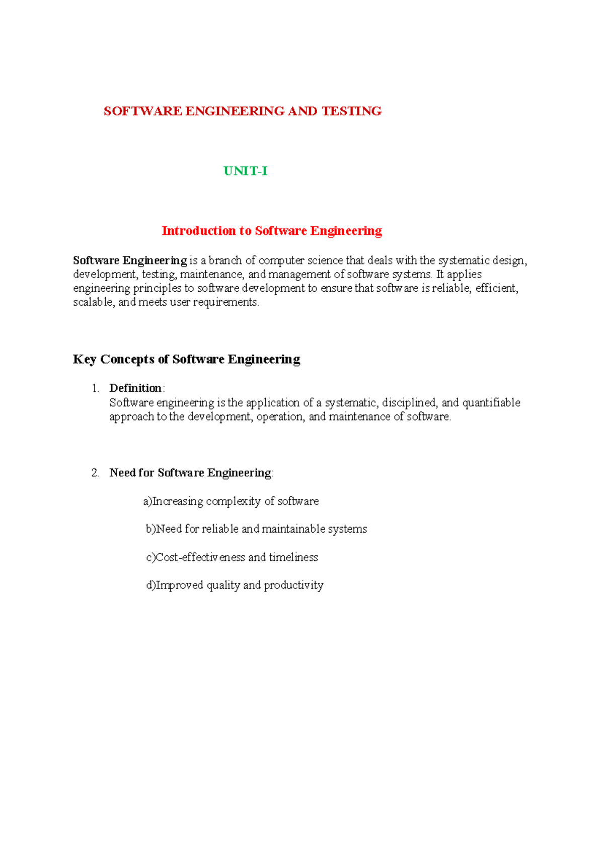 SOFTWARE ENGINEERING AND TESTING: Key Concepts and Models - Studocu