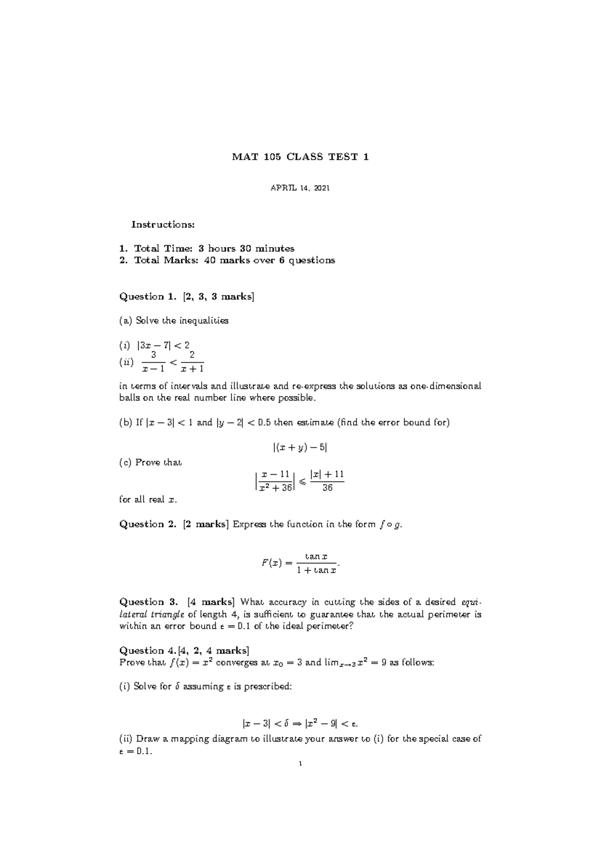 CT1 2021 Memo - memo - MAT 105 CLASS TEST 1 APRIL 14, 2021 Instructions ...