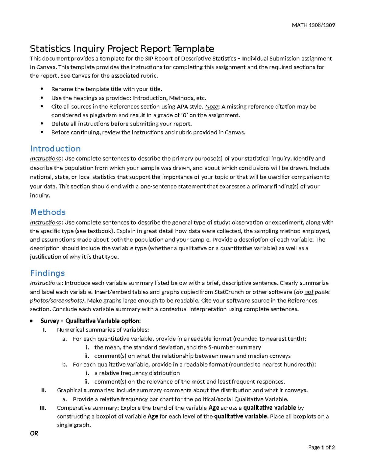 Statistics Inquiry Project Report Template for MATH 1308 FA2024 - Studocu