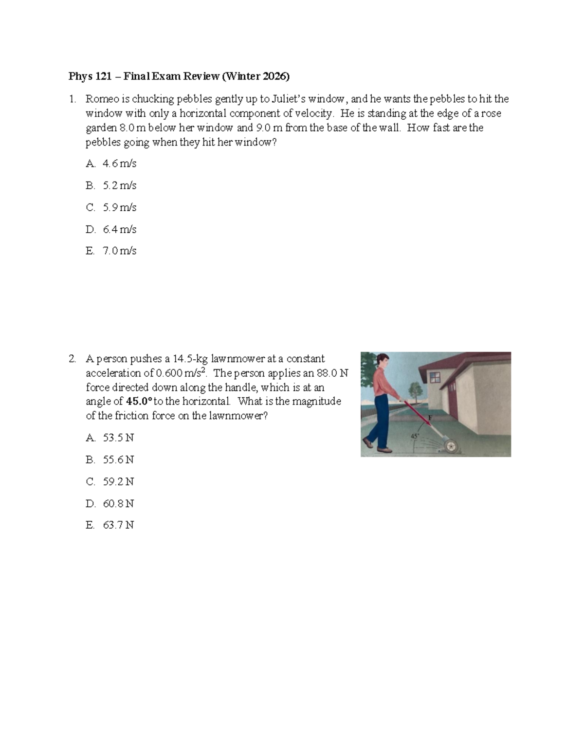 Phys 121 Wi26 Final Exam Review Questions and Solutions - Studocu