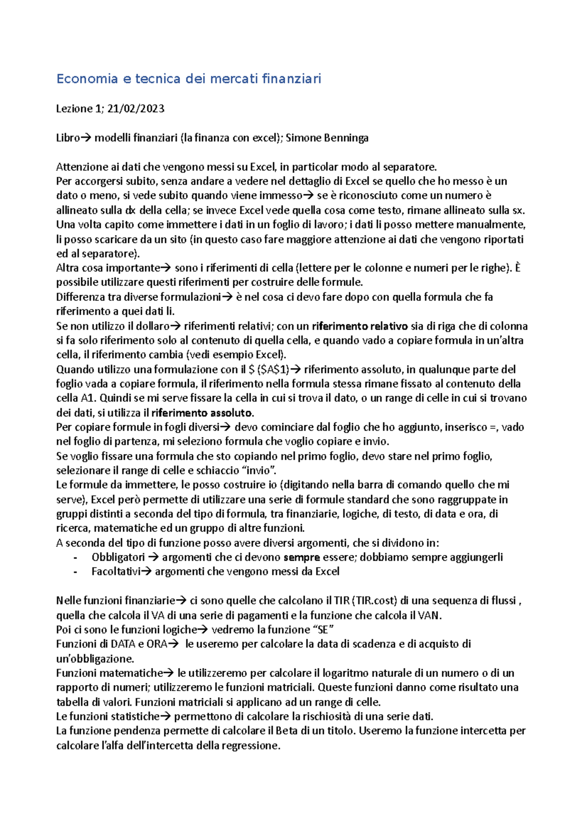 Lezione 1 - Introduzione a Excel per i Mercati Finanziari (ECF-101 ...