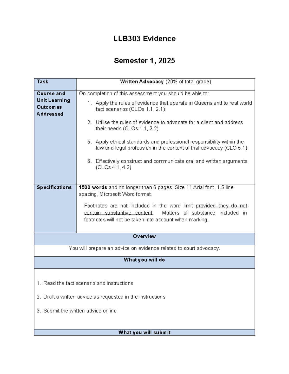 LLB303 Evidence Semester 1, 2025 Written Advocacy Task Guide - Studocu