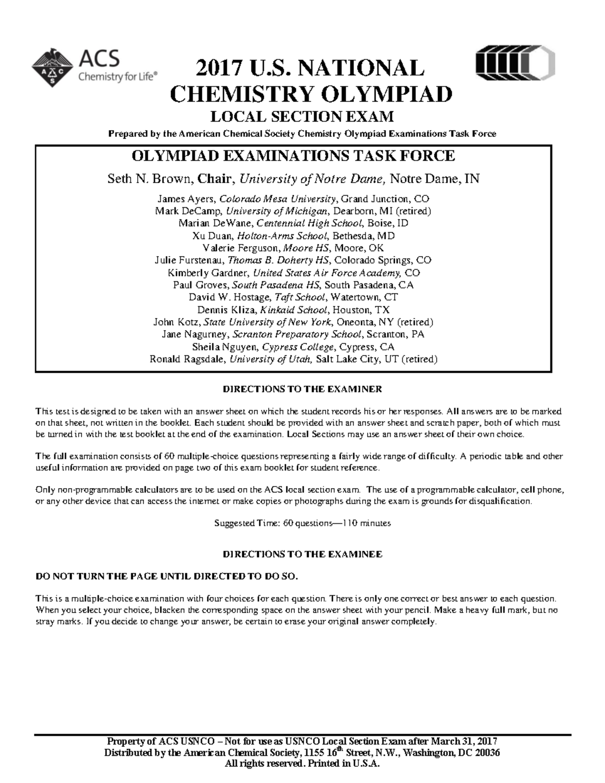 2017 U.S. National Chemistry Olympiad Local Section Exam - Studocu