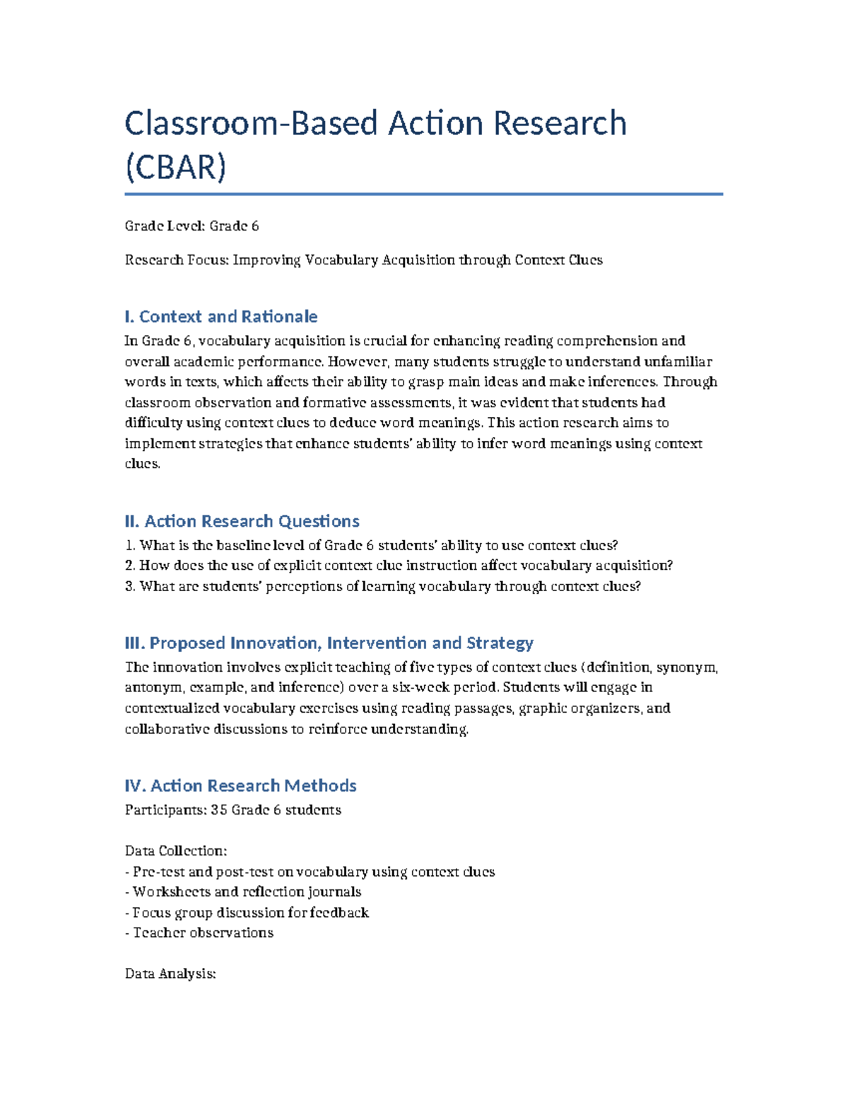 Grade 6 CBAR Action Research: Enhancing Vocabulary via Context Clues ...