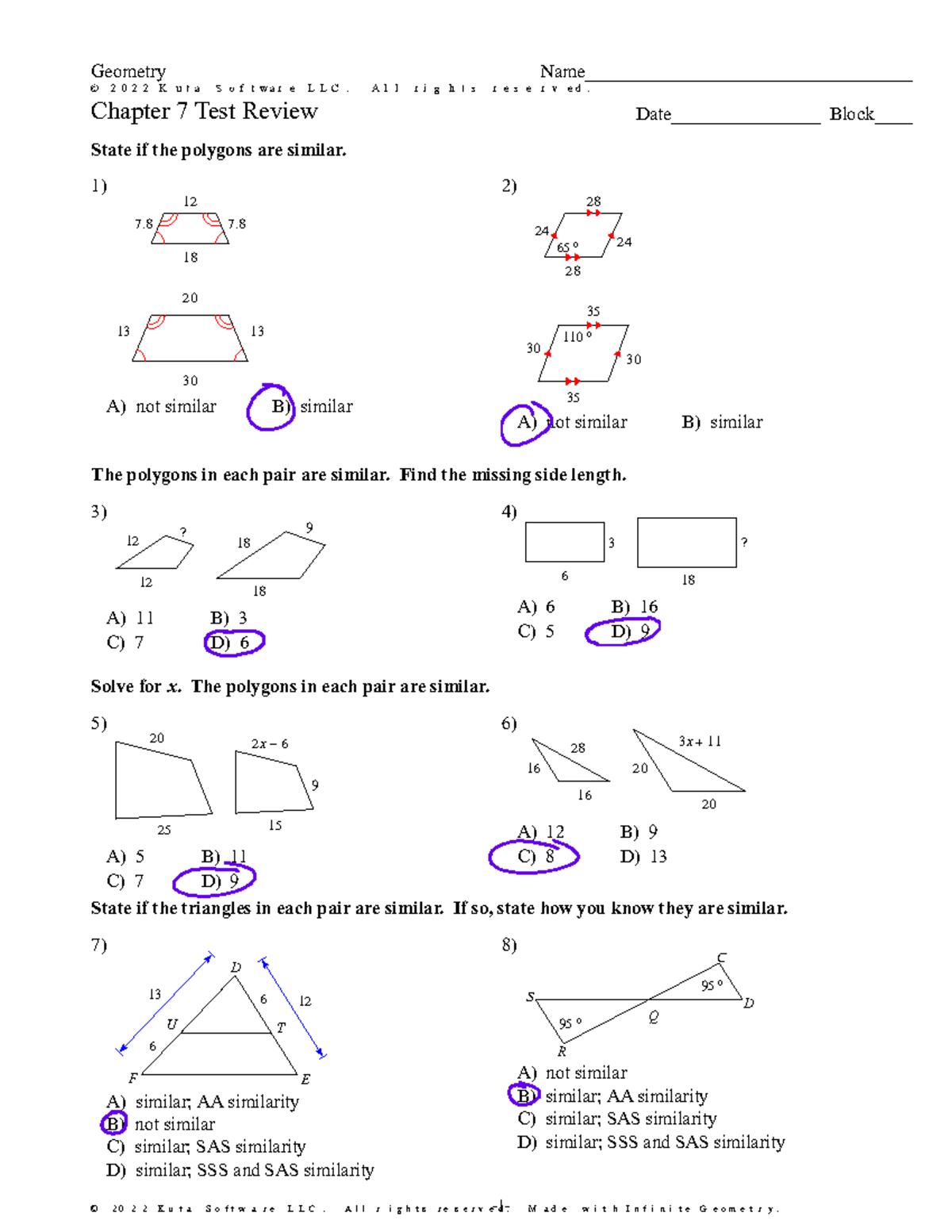 Chapter 7 Test Review for Geometry 21-22 (Answer Key) - Studocu