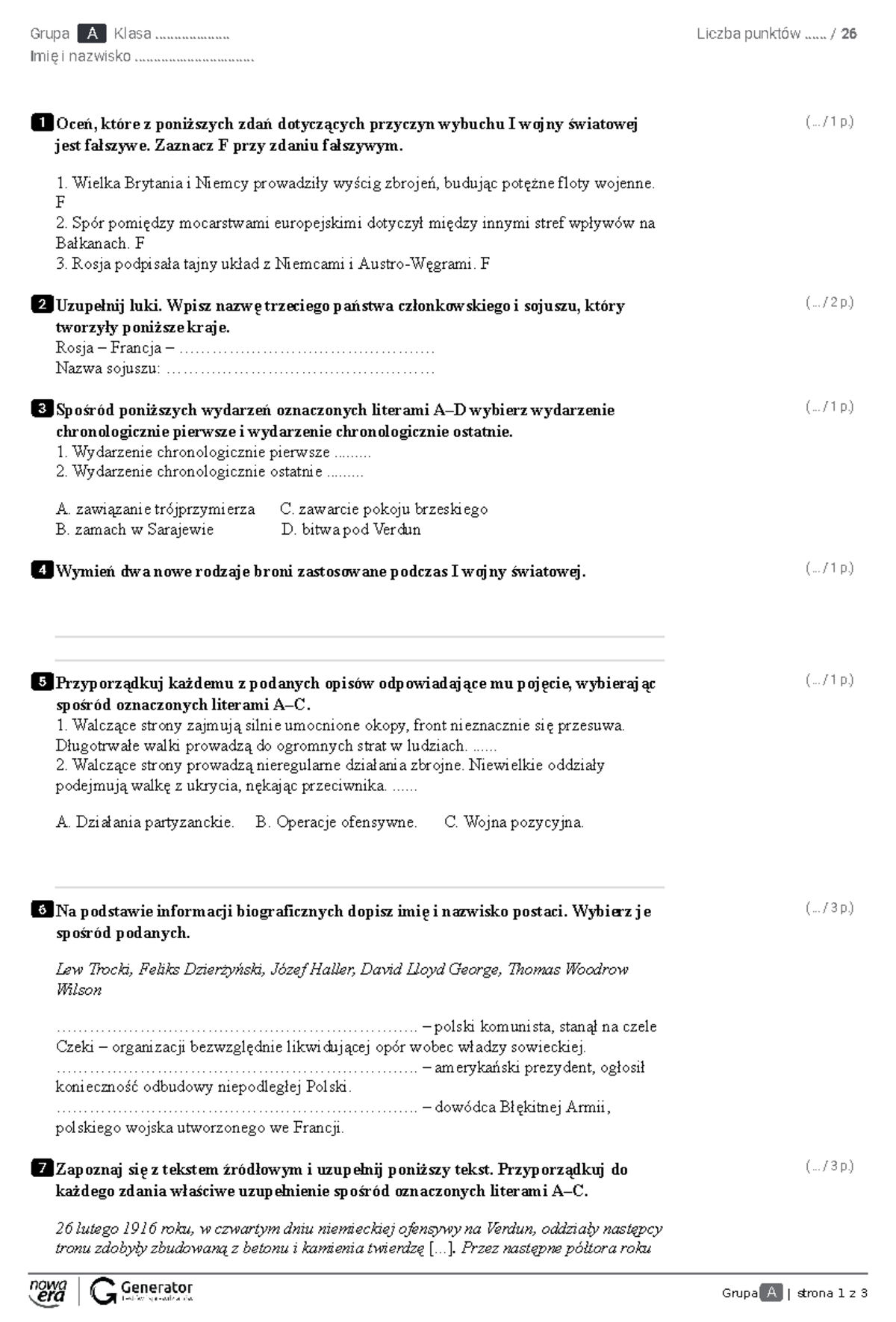 Rozdział 5 - test z historii Grupa A i B - Sprawdzian I Wojny Światowej