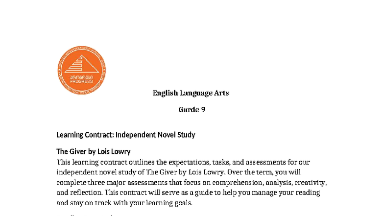 English Language Arts G9 Learning Contract: The Giver Study Guide - Studocu
