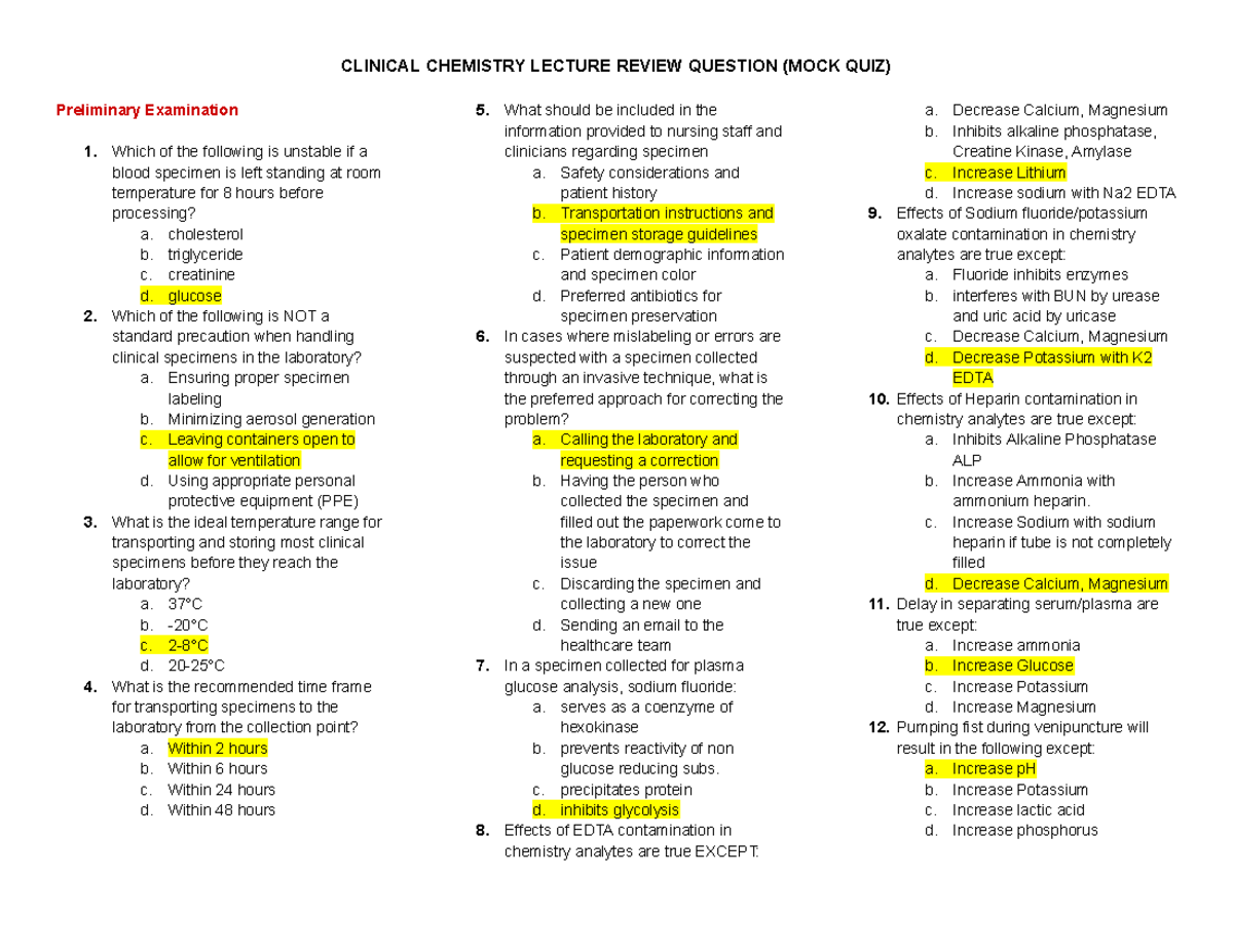 CC Clinical Chemistry Lecture Review: Prelims & Finals Mock Quiz - Studocu