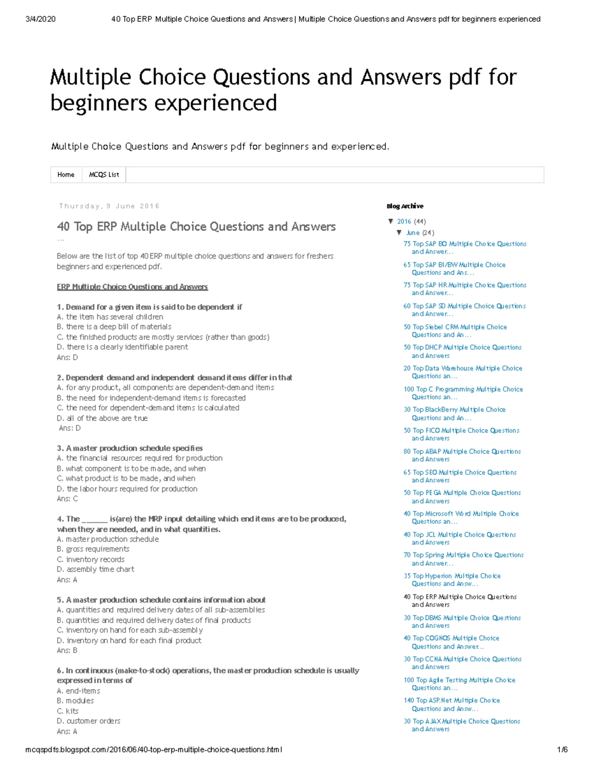 300+ REAL TIME SAP PP Multiple Choice Questions and Answers - MD B. MD ...