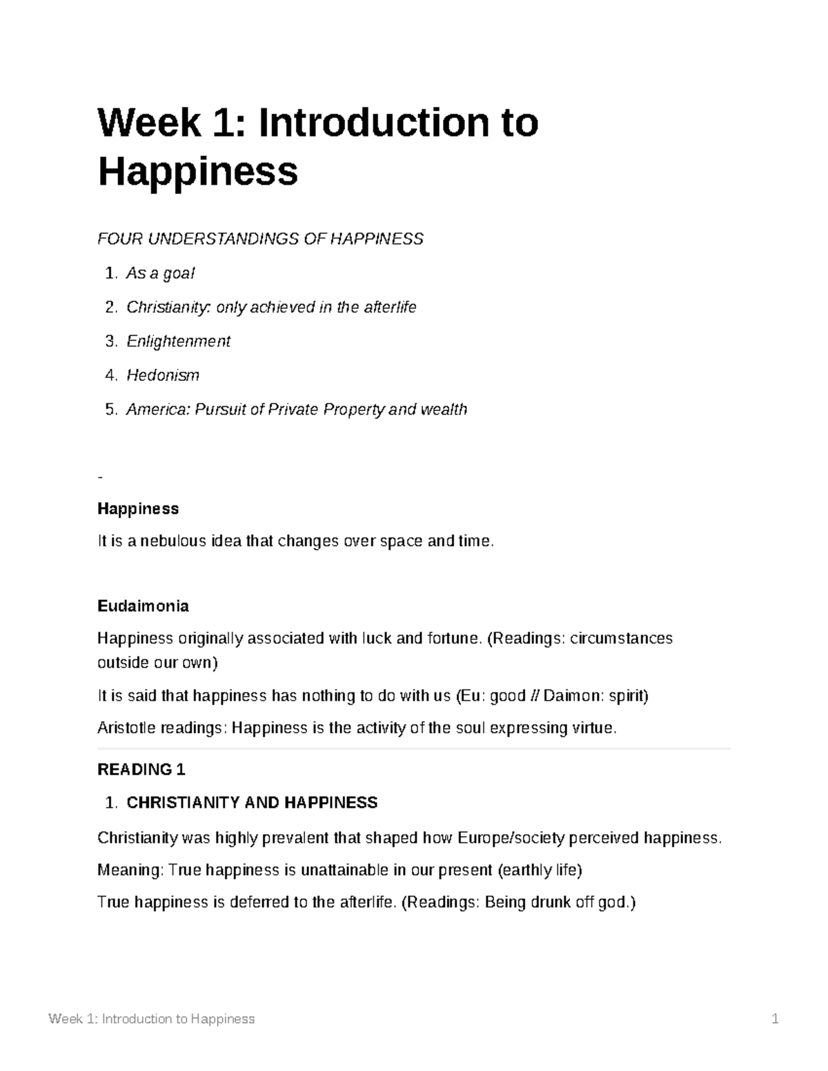 WK1 Happiness - Lecture Notes on Understanding Happiness - Studocu