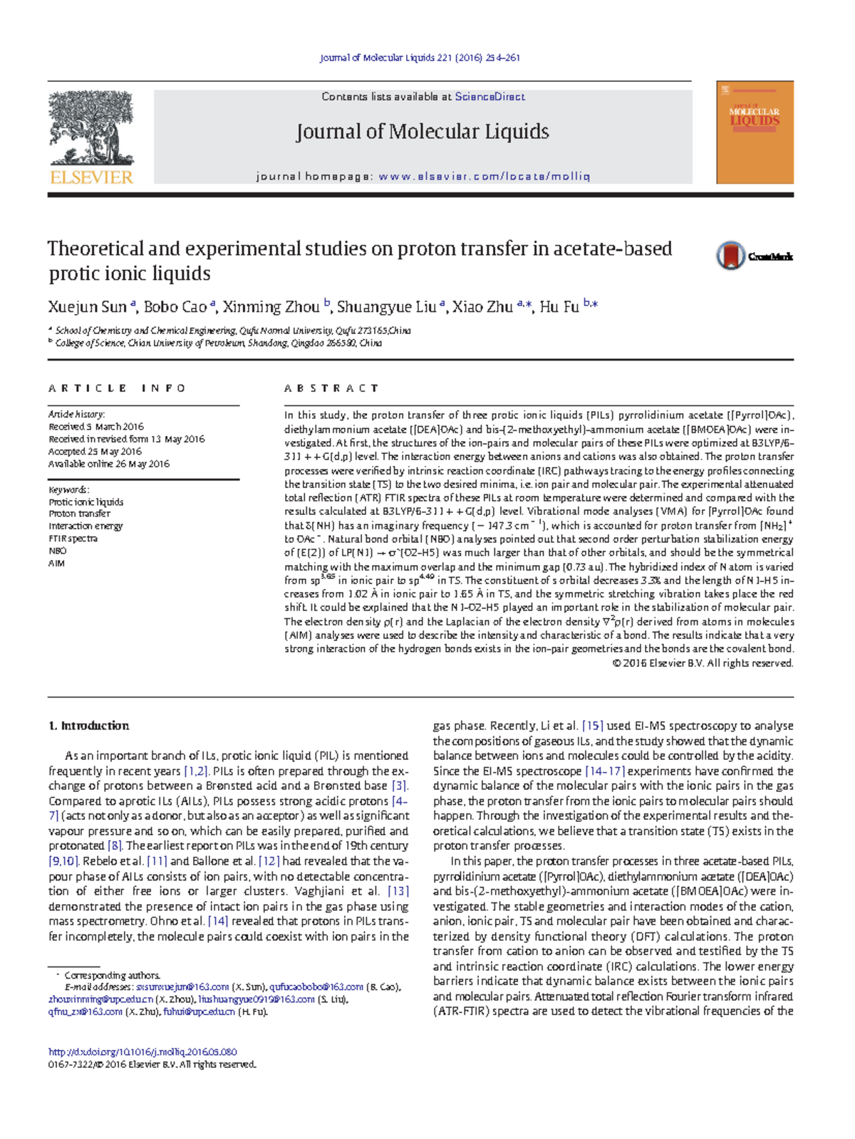 Theoretical and Experimental Insights on Proton Transfer in PILs ...