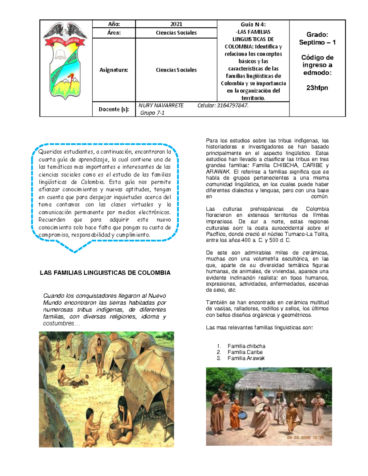 Guía de Aprendizaje: Familias Lingüísticas en Colombia - Grado 7 - Document Preview