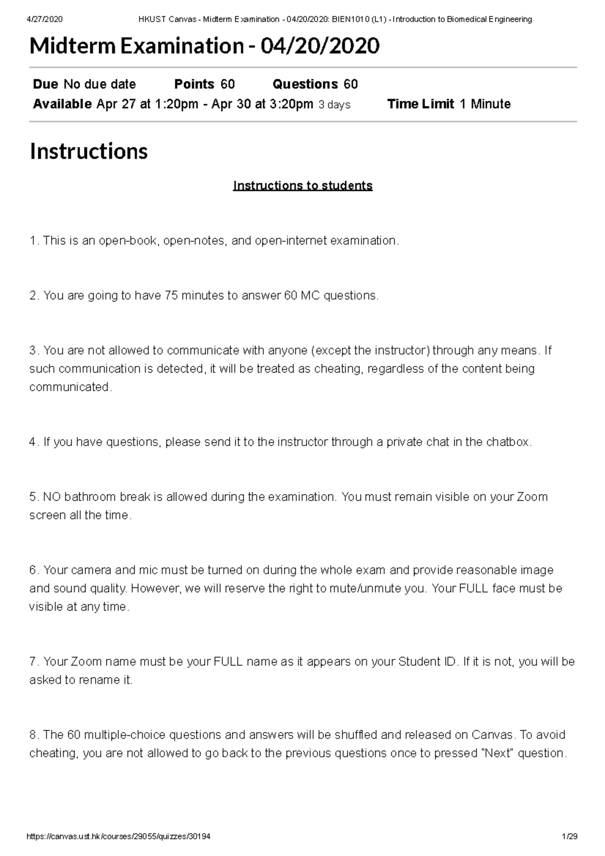 Hkust Canvas Midterm Examination solved - Midterm Examination - 04 /2 0 ...