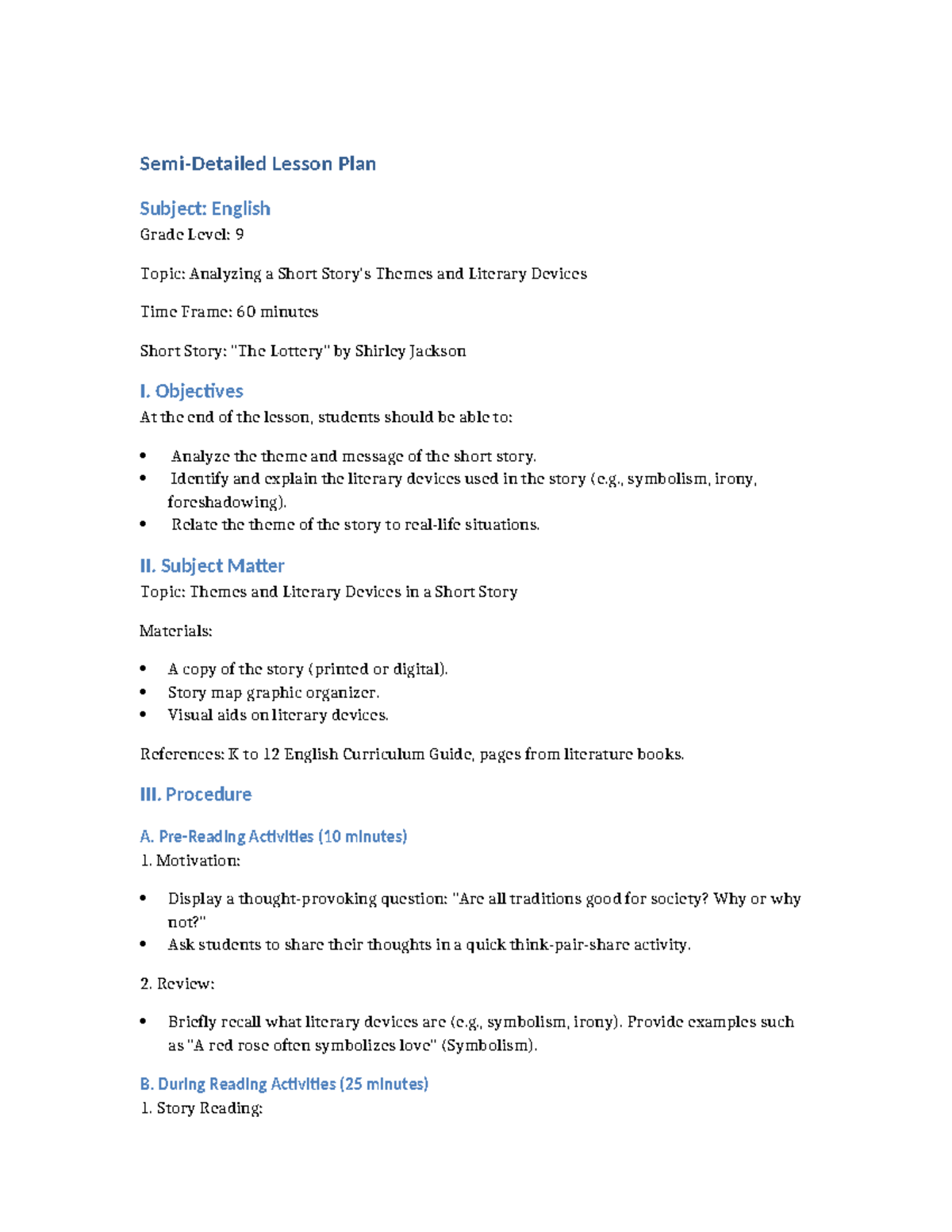 Grade 9 English Lesson Plan - Semi-Detailed Lesson Plan Subject ...
