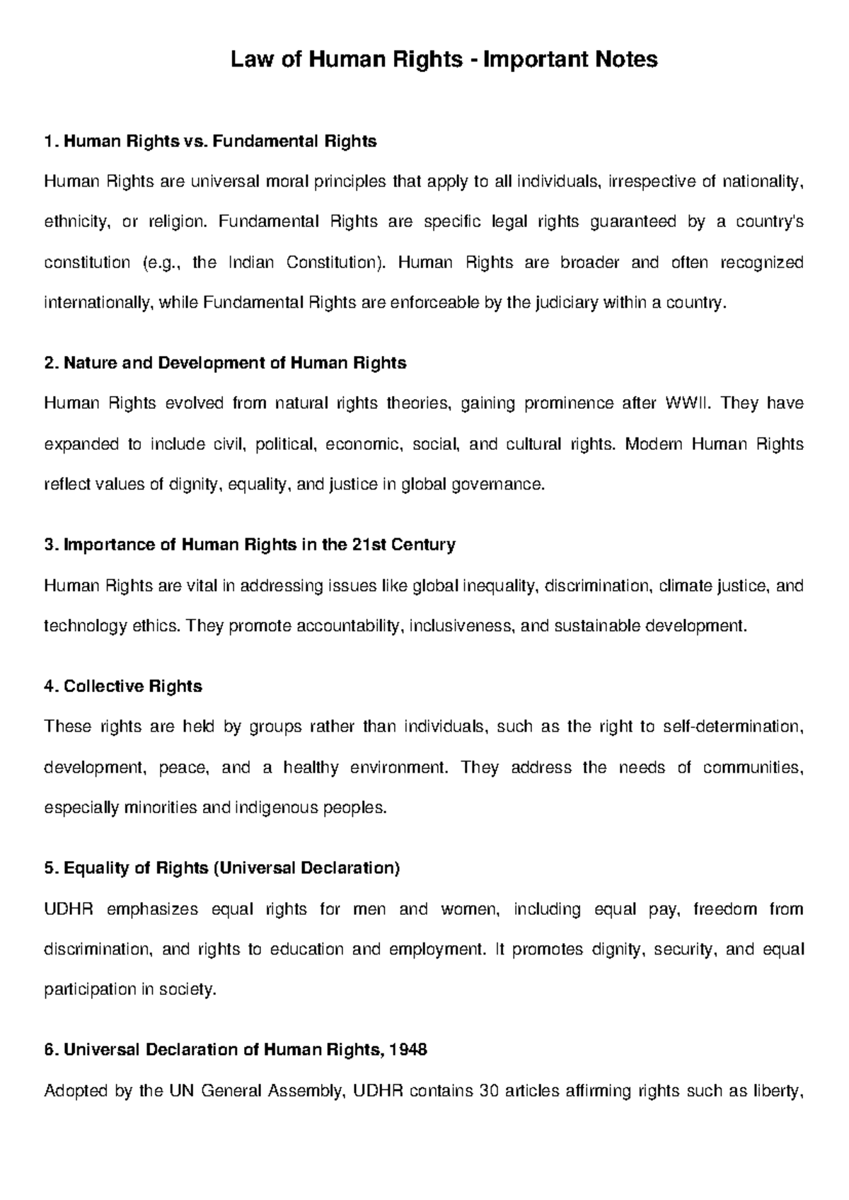 Law of Human Rights (Course Code: LHR 101) - Key Study Notes - Studocu