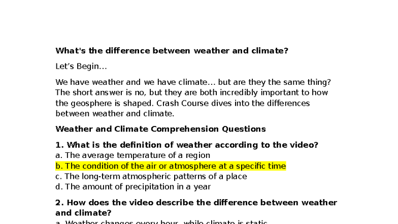 Understanding Weather vs. Climate: Key Concepts and Questions - Studocu