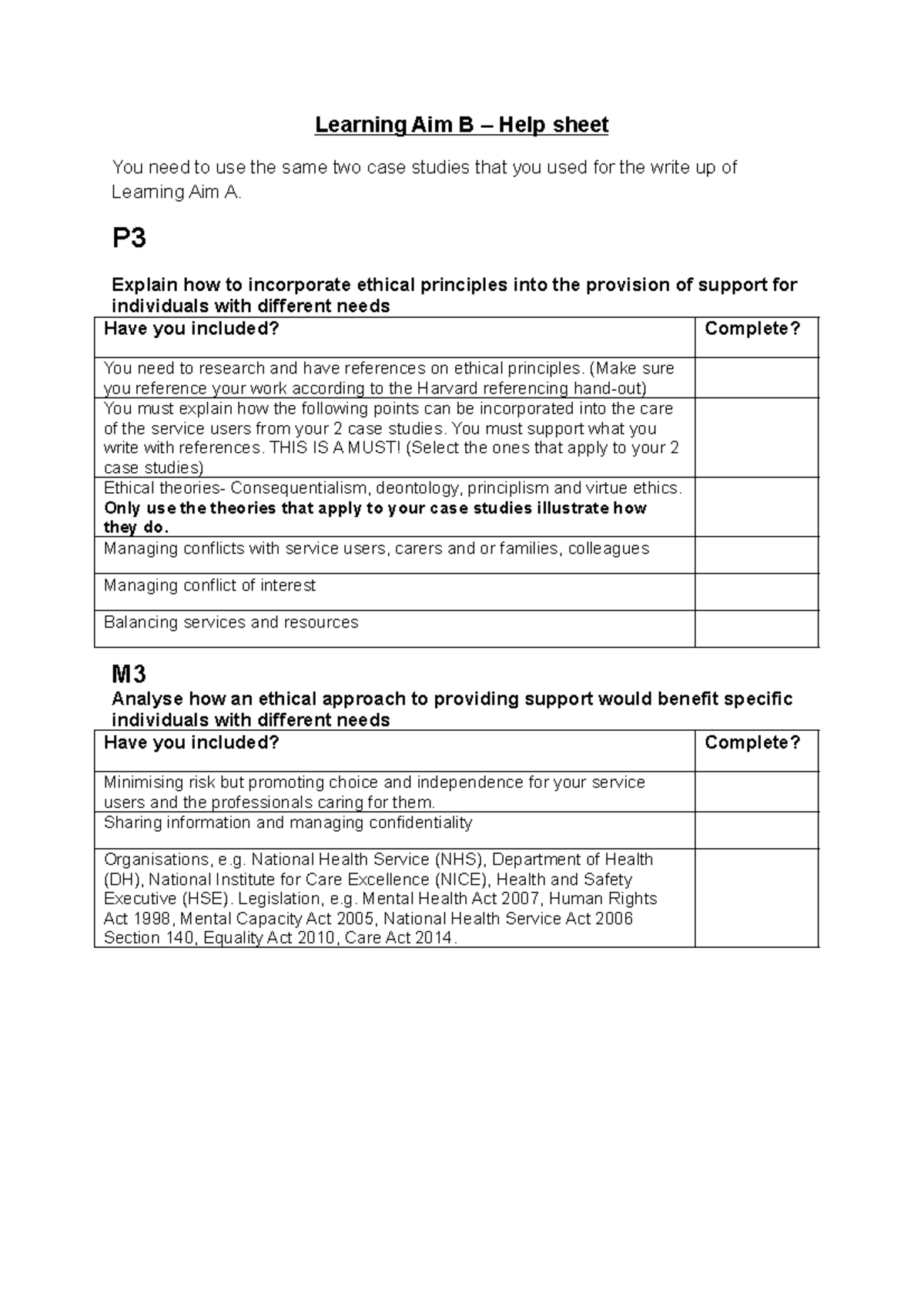 Learning Aim B Help Sheet: Ethical Principles in Care Support - Studocu