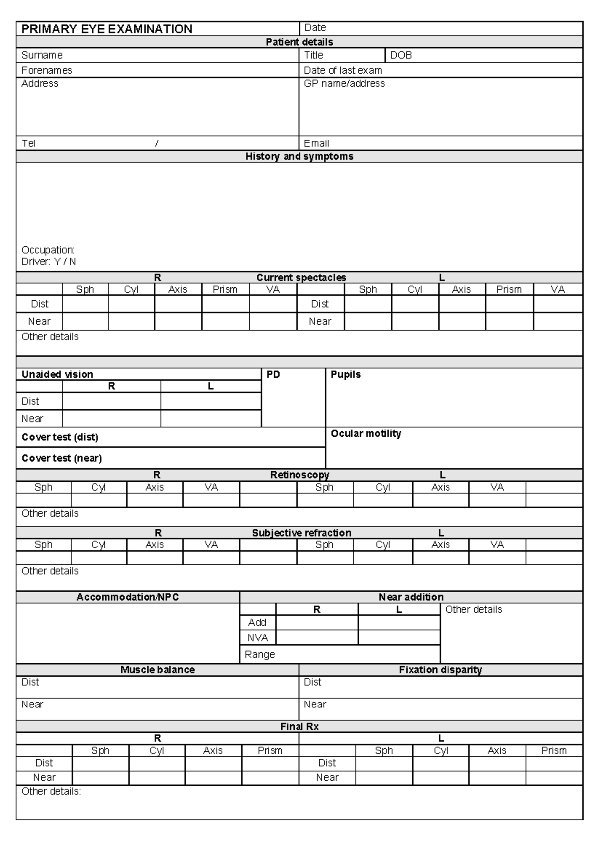 Primary Eye Exam Notes - Patient Details & Refraction Data - Studocu