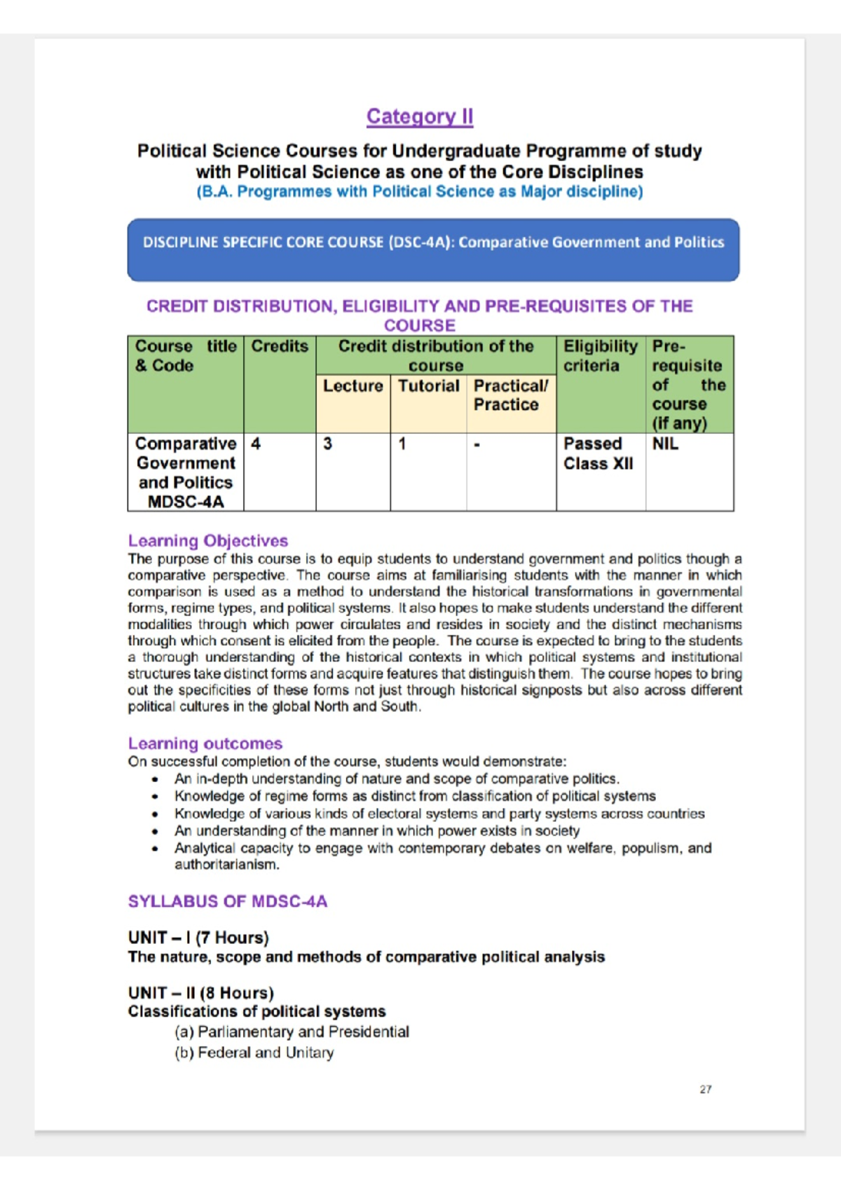 Political Science Major Syllabus (B.A. Program) - Core Courses Overview ...