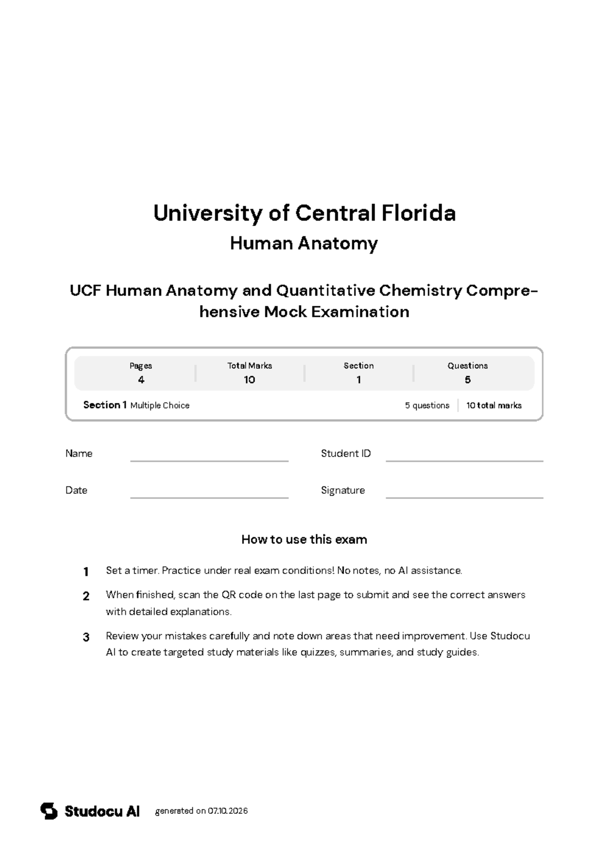 UCF Human Anatomy & Quantitative Chemistry Mock Exam - Studocu