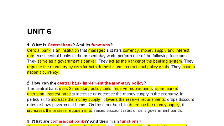 TACN - Unit 6: Central Bank Functions and Monetary Policy Overview ...
