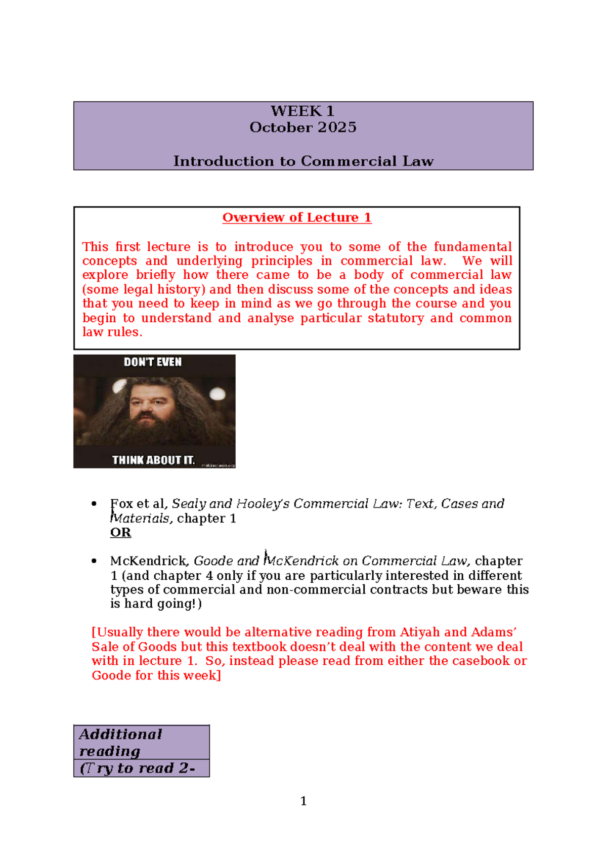 Commercial Law Lecture 1 Overview - Week 1 (2025-2026) - Studocu