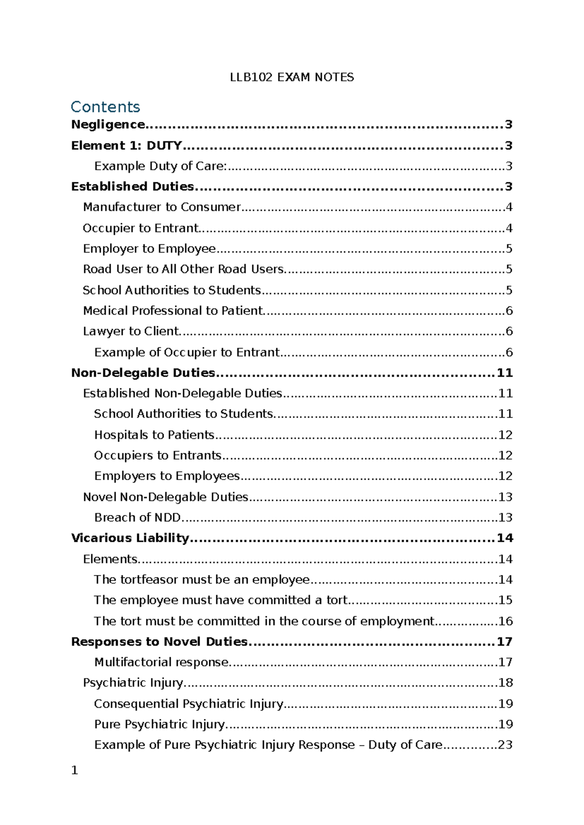 LLB102 Final Exam Notes on Negligence and Duty of Care - Studocu