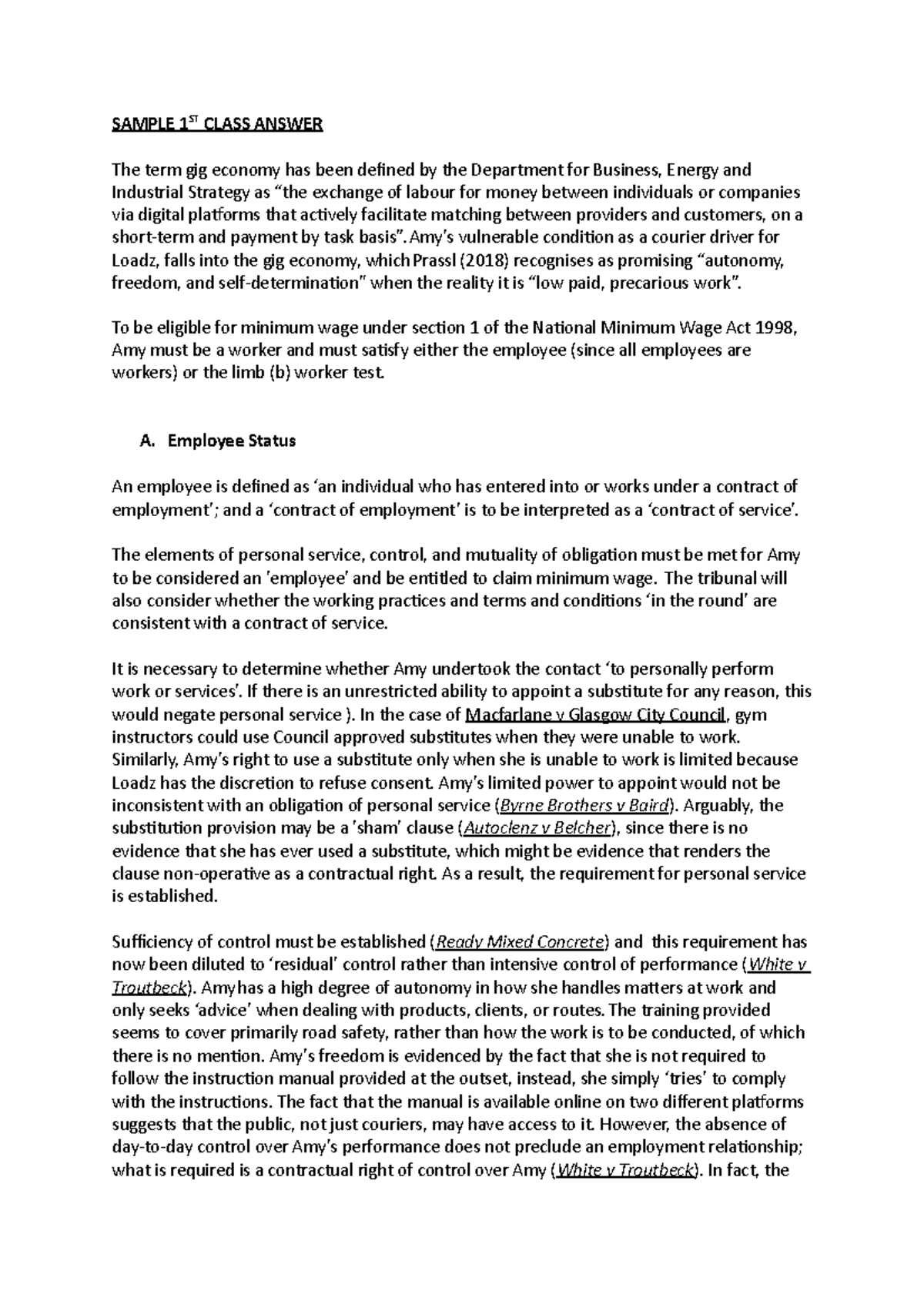 Employment Status LC1 1st Class Sample Answer: Gig Economy Insights ...