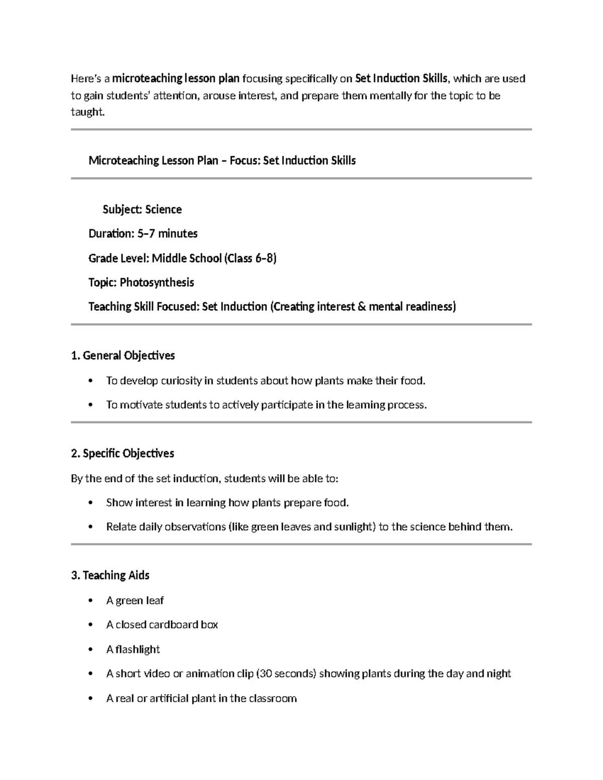 Microteaching Lesson Plan: Set Induction Skills in Science - Studocu