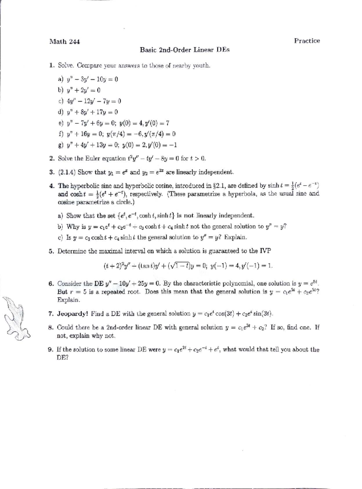 Math 244 Practice Problems on Basic Linear DEs and Solutions - Studocu
