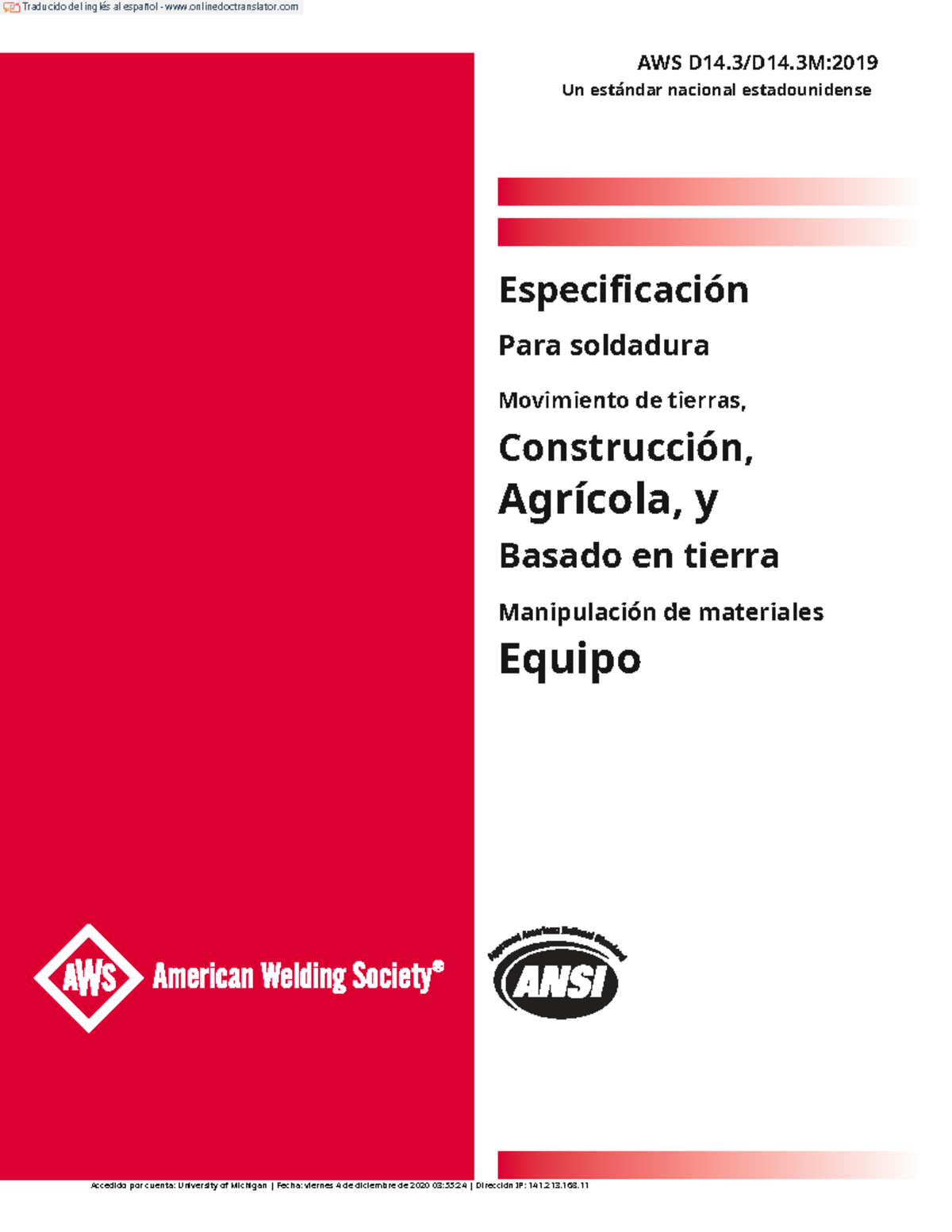 Especificación AWS D14.3: Soldadura en Equipos de Movimiento de Tierras y - Document Preview