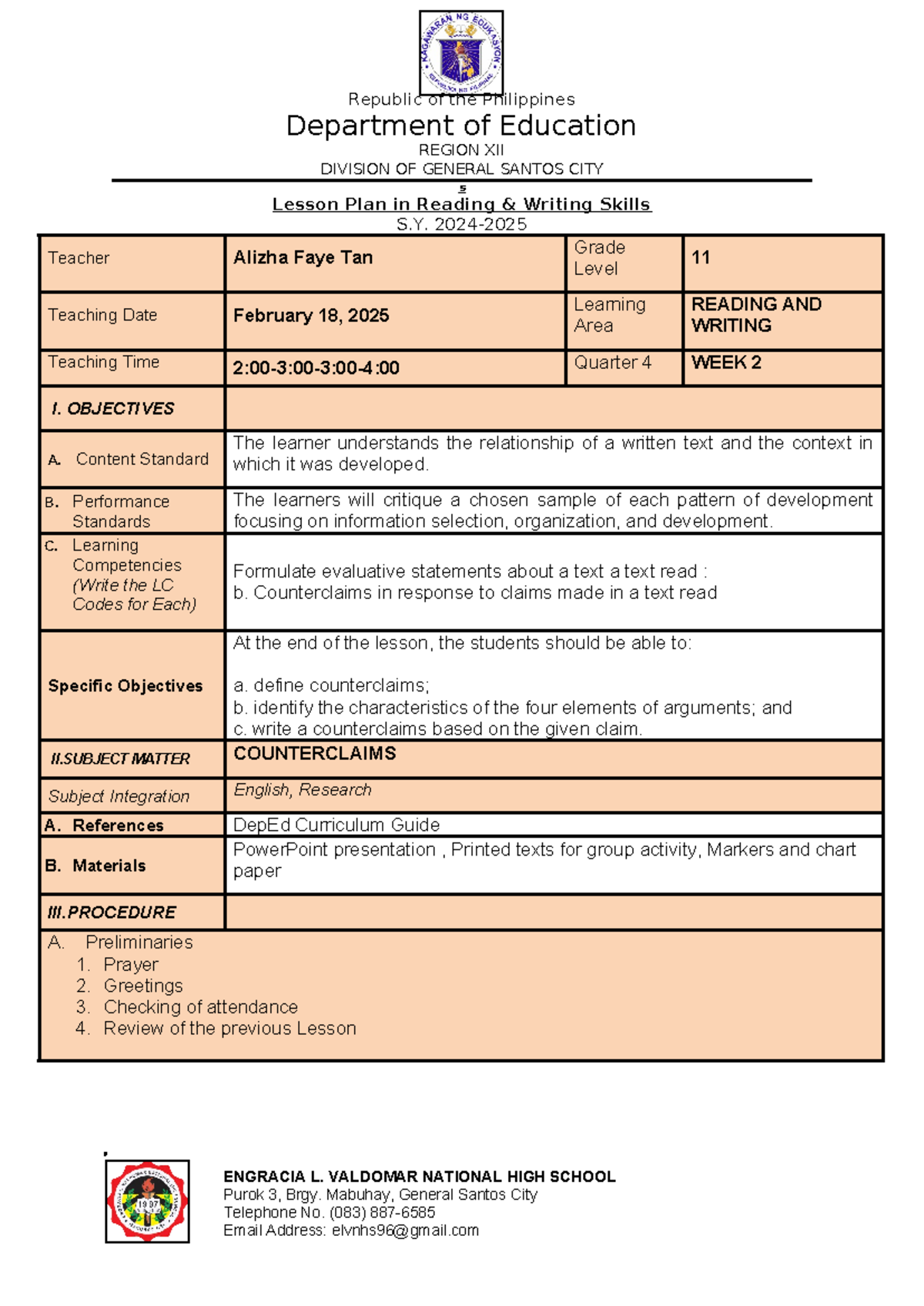 Counterclaims Lesson Plan for Grade 11 - S.Y. 2025 - Studocu