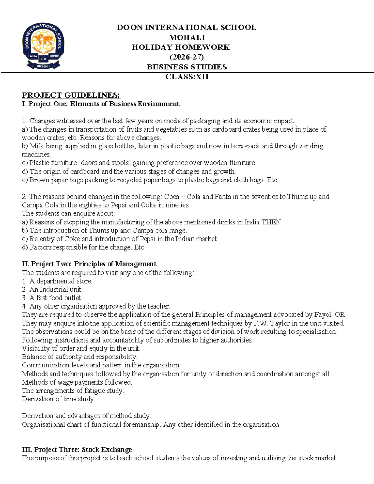 Business Studies Class XII: Holiday Homework Project Guidelines - Studocu