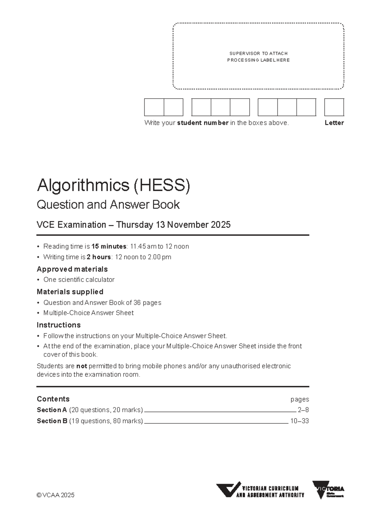 2025 VCE Algorithmics (HESS) Exam Question & Answer Book - Studocu
