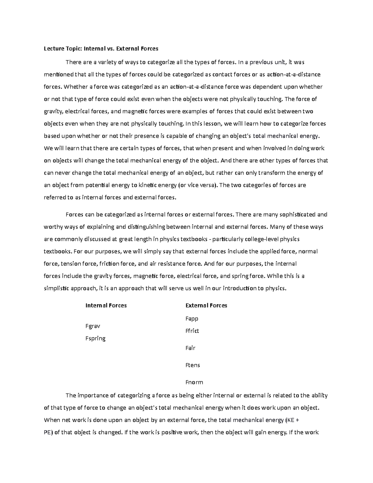 Lecture on Internal vs. External Forces and Their Effects on Energy ...
